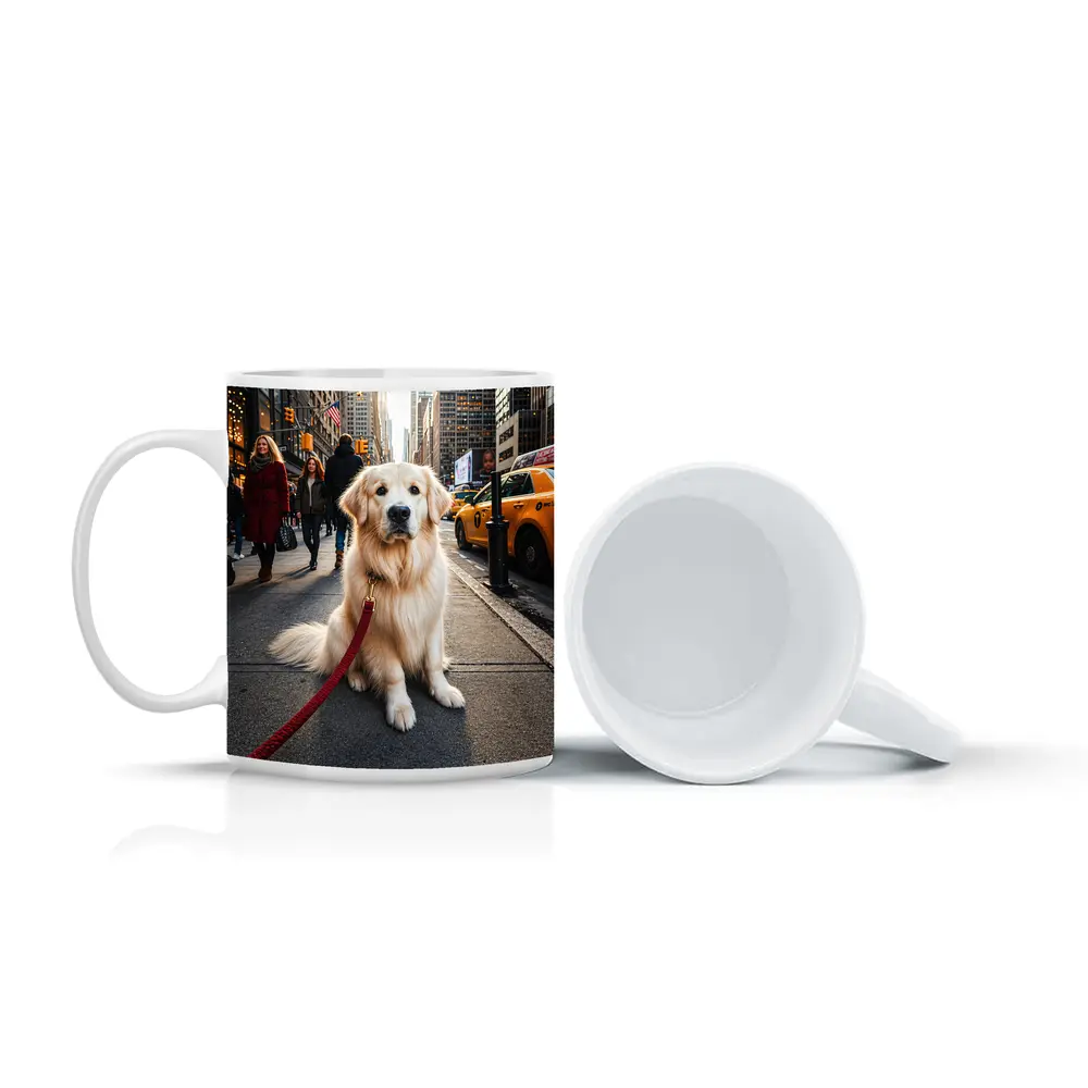 Golden Retriever Sitting on New York City Street – Mugs