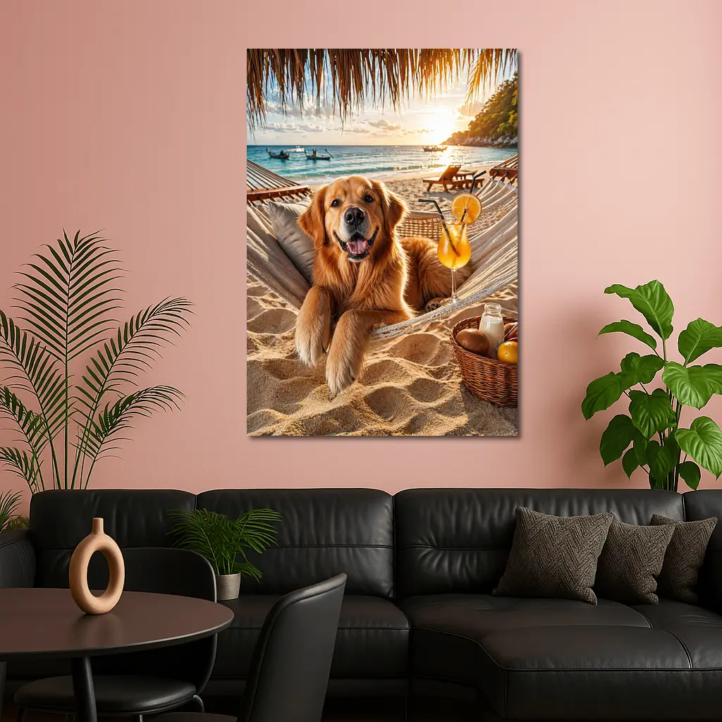 Golden Retriever Relaxing Beach Hammock Sunset – Wall Art