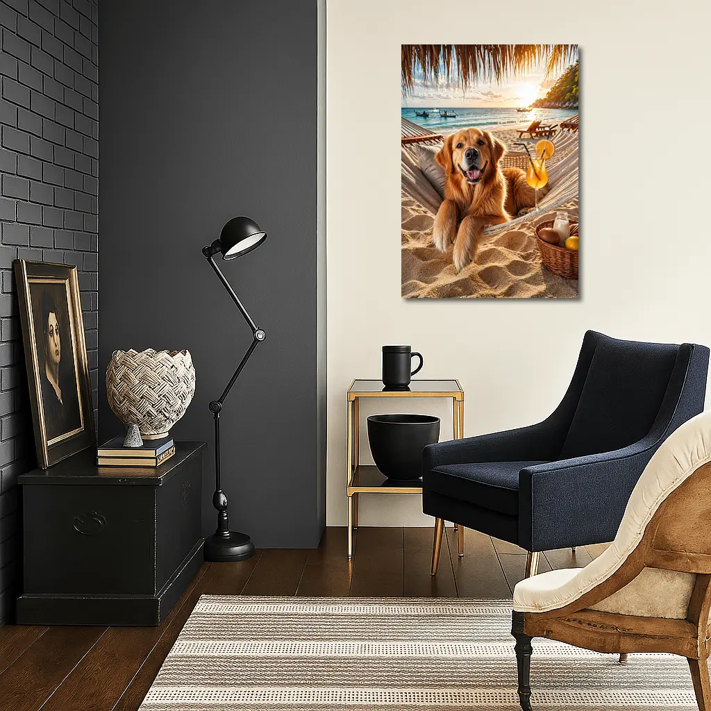 Golden Retriever Relaxing Beach Hammock Sunset – Wall Art