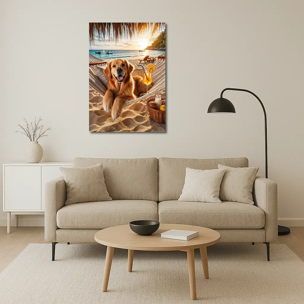 Golden Retriever Relaxing Beach Hammock Sunset – Wall Art