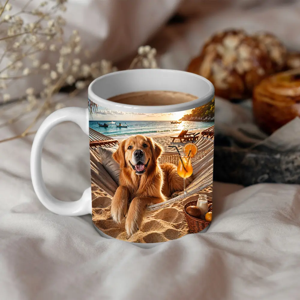 Golden Retriever Relaxing Beach Hammock Sunset – Mugs