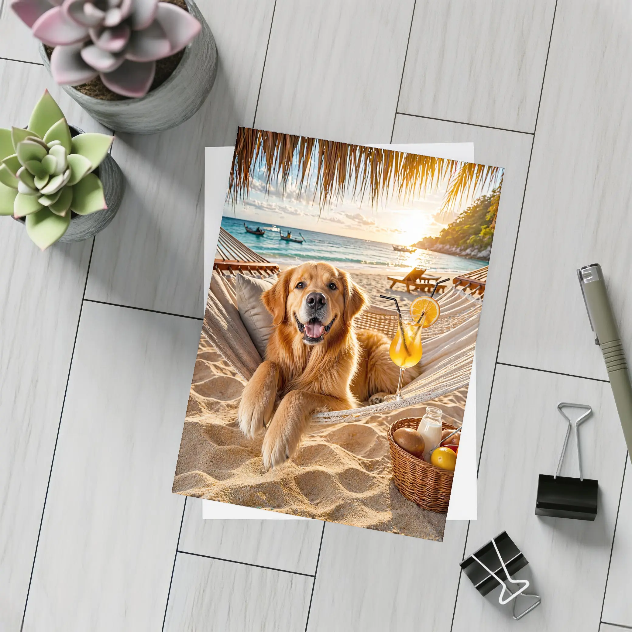 Golden Retriever Relaxing Beach Hammock Sunset – Postcards
