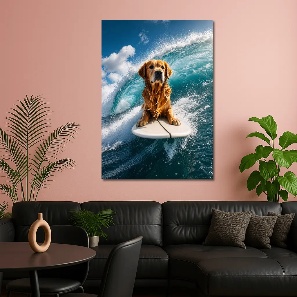 Golden Retriever Surfing Ocean Wave Blue Sky – Wall Art