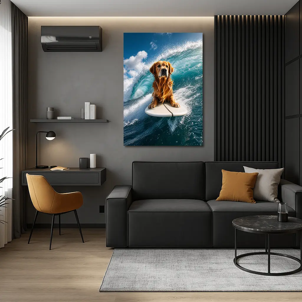 Golden Retriever Surfing Ocean Wave Blue Sky – Wall Art