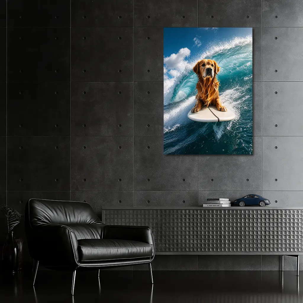 Golden Retriever Surfing Ocean Wave Blue Sky – Wall Art