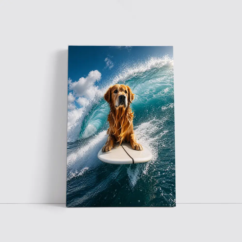 Golden Retriever Surfing Ocean Wave Blue Sky – Wall Art