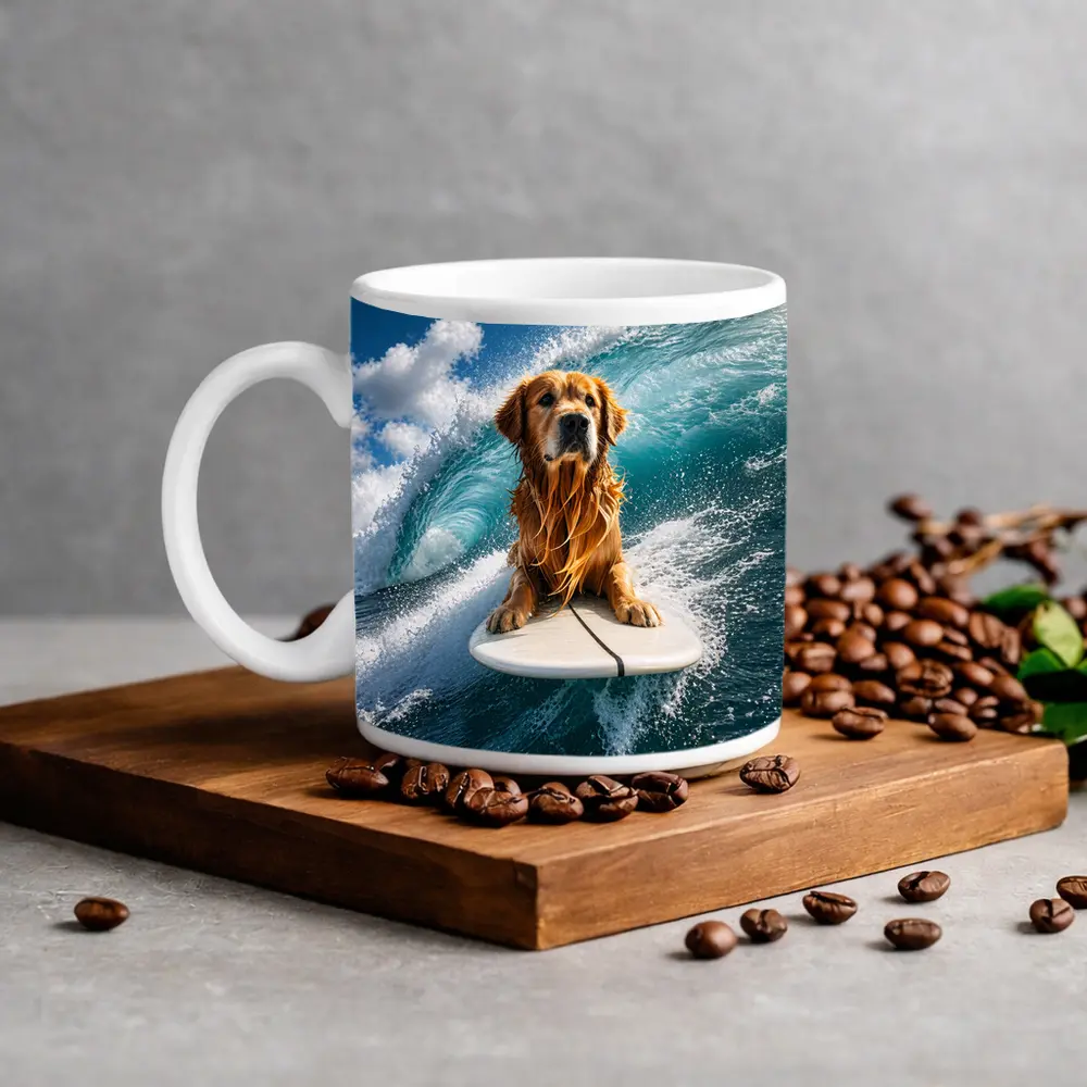Golden Retriever Surfing Ocean Wave Blue Sky – Mugs