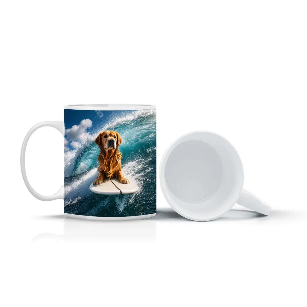 Golden Retriever Surfing Ocean Wave Blue Sky – Mugs