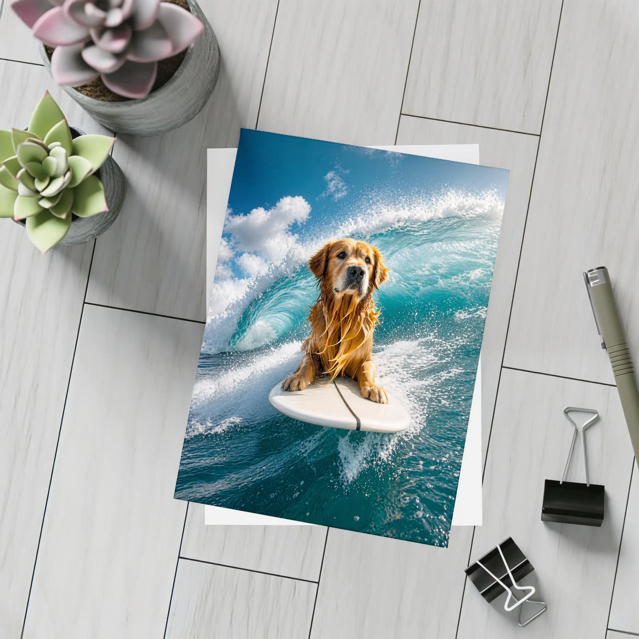 Golden Retriever Surfing Ocean Wave Blue Sky – Postcards