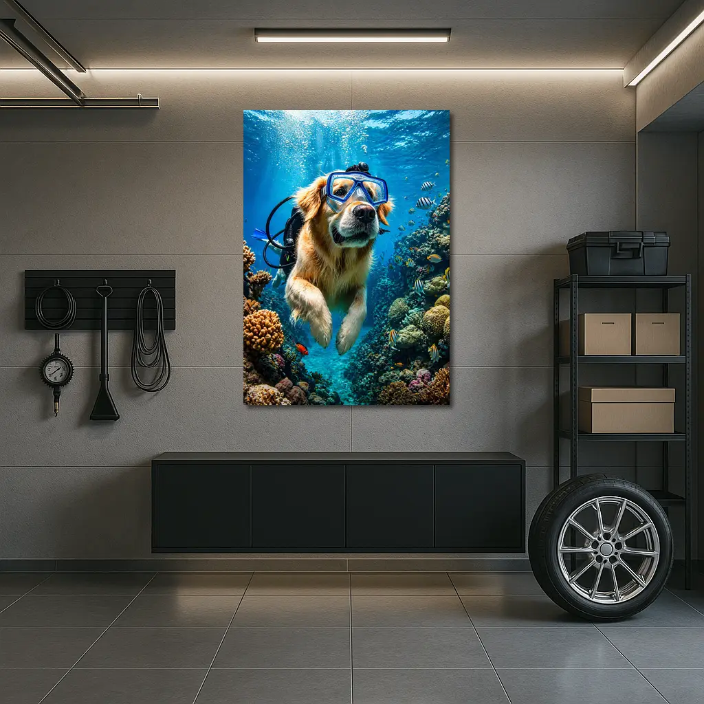 Golden Retriever Scuba Diving Coral Reef – Wall Art