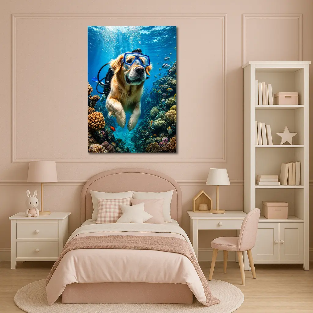 Golden Retriever Scuba Diving Coral Reef – Wall Art