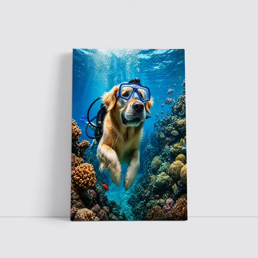Golden Retriever Scuba Diving Coral Reef – Wall Art