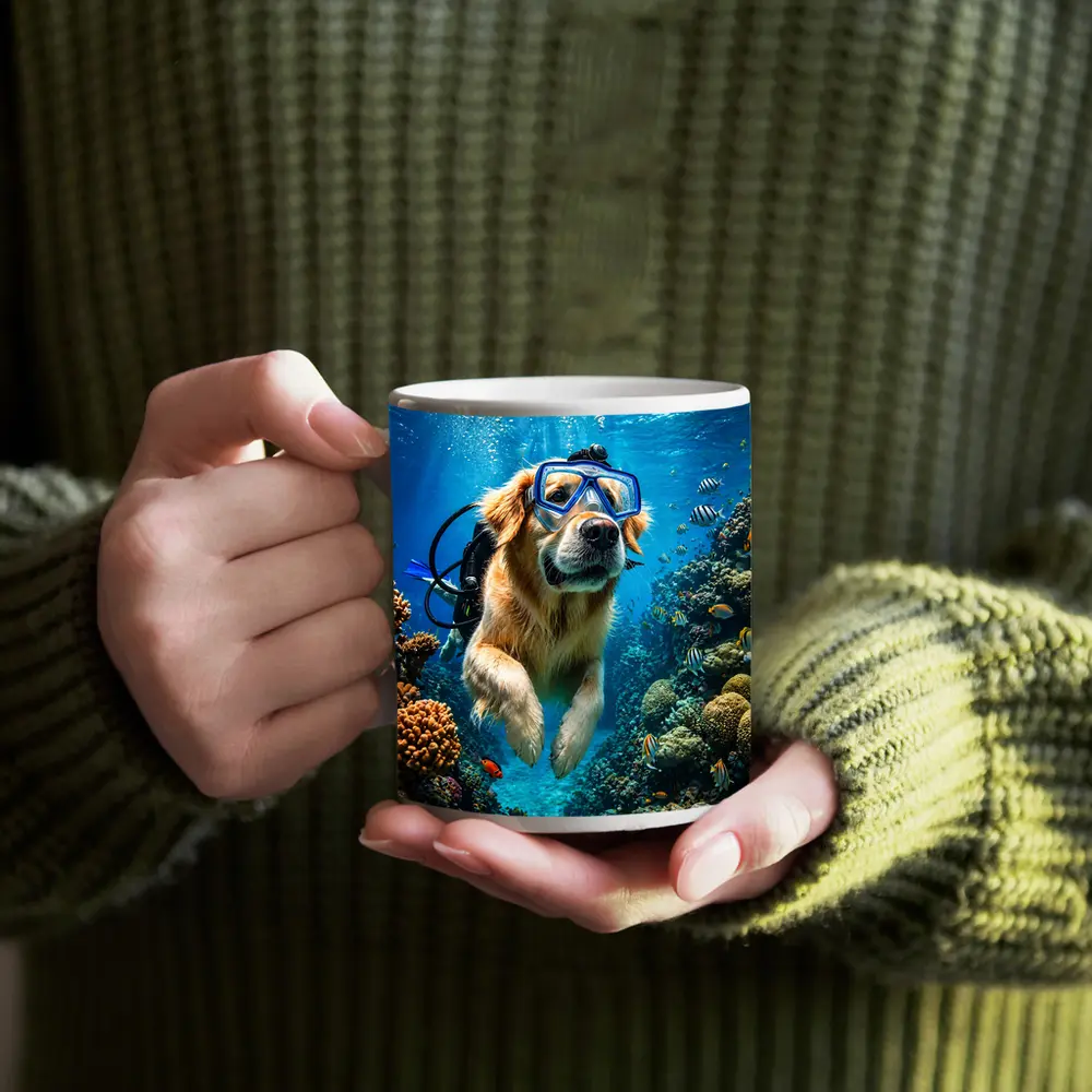 Golden Retriever Scuba Diving Coral Reef – Mugs
