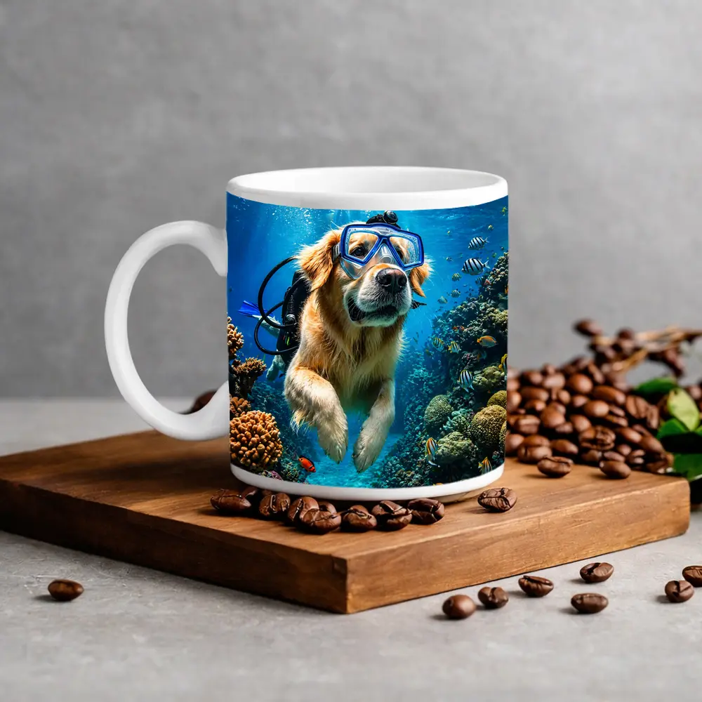 Golden Retriever Scuba Diving Coral Reef – Mugs