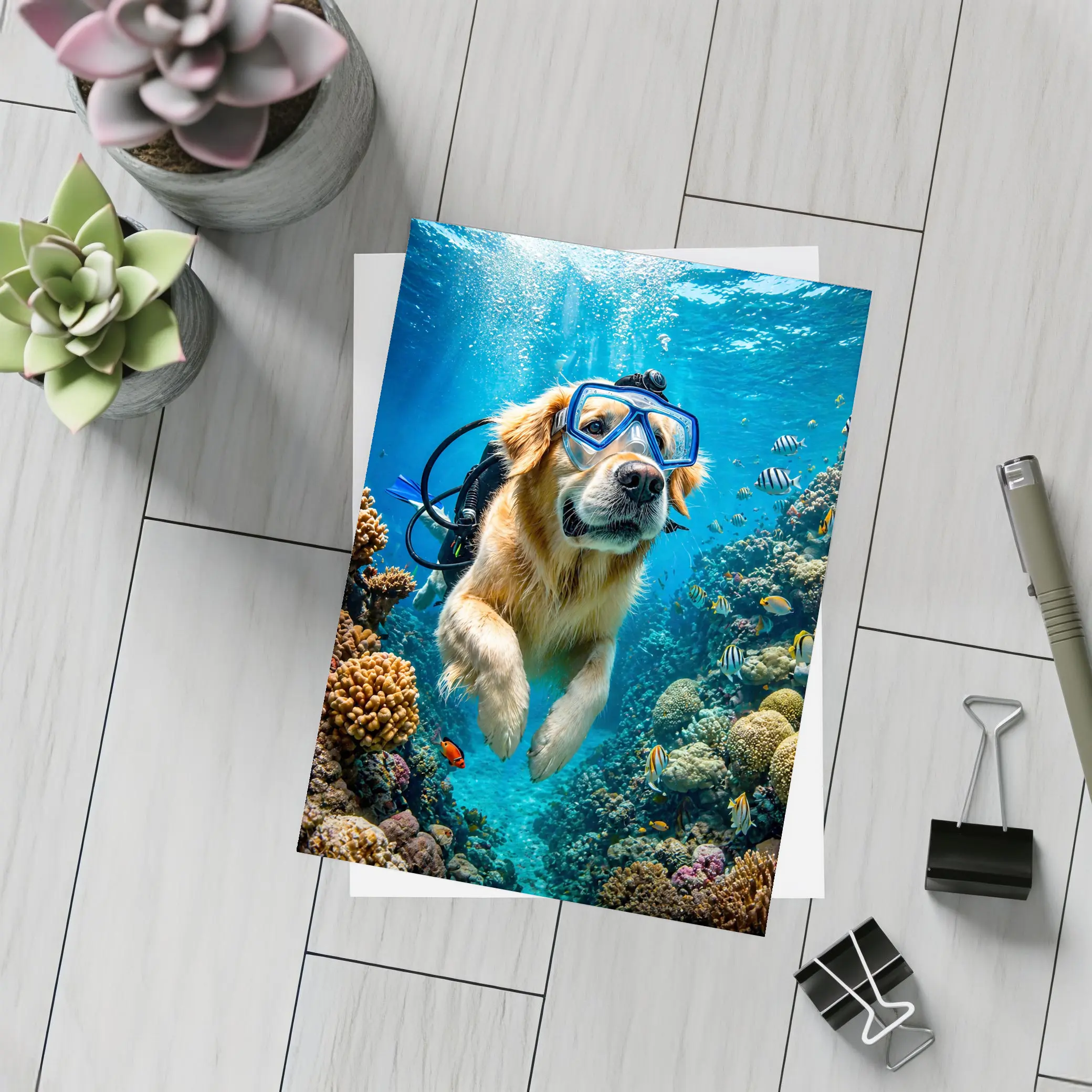 Golden Retriever Scuba Diving Coral Reef – Postcards