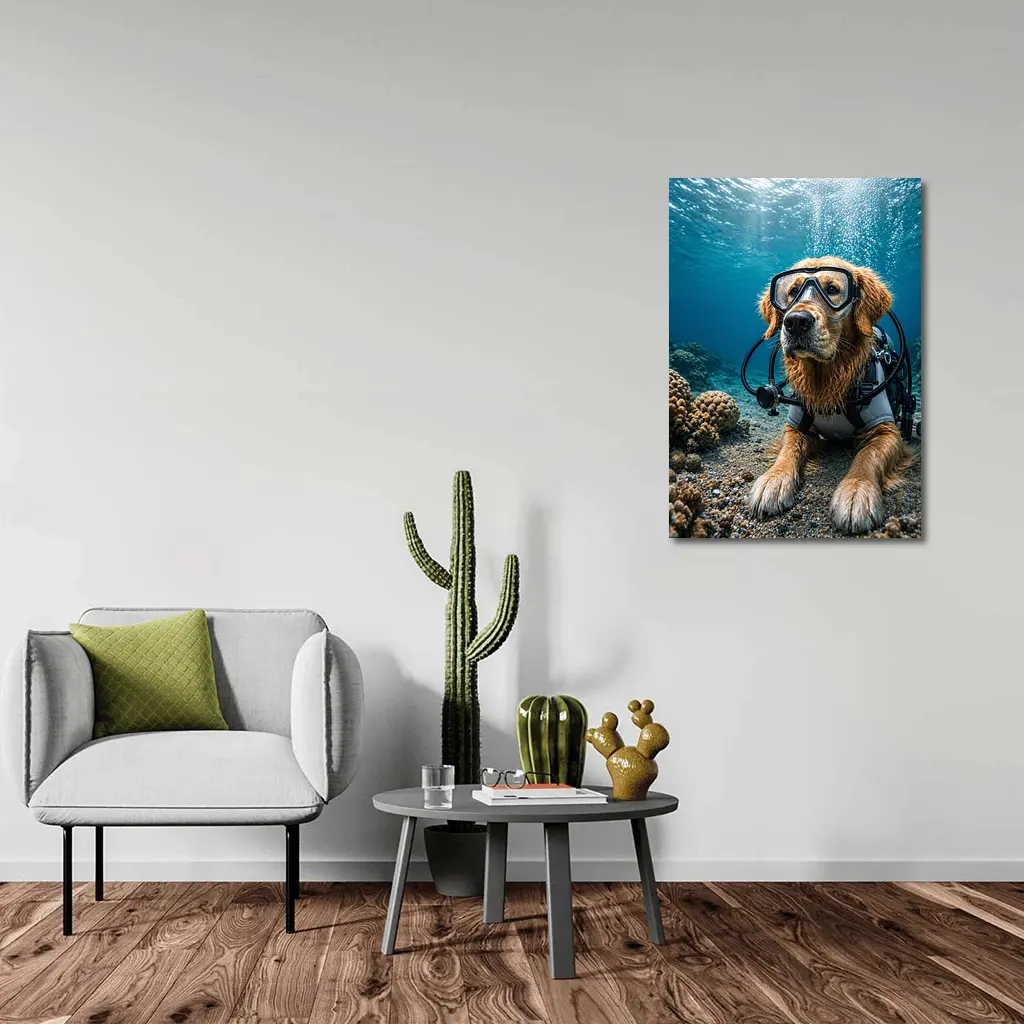 Golden Retriever Scuba Diver Underwater Coral Scene – Wall Art
