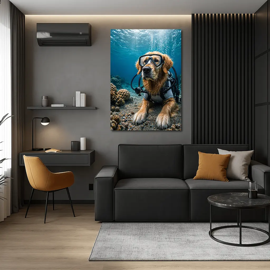 Golden Retriever Scuba Diver Underwater Coral Scene – Wall Art