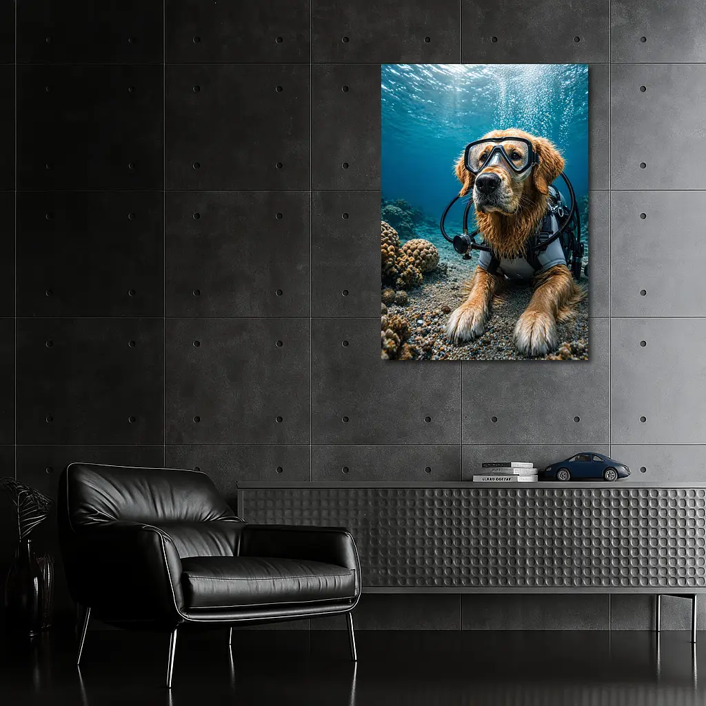 Golden Retriever Scuba Diver Underwater Coral Scene – Wall Art