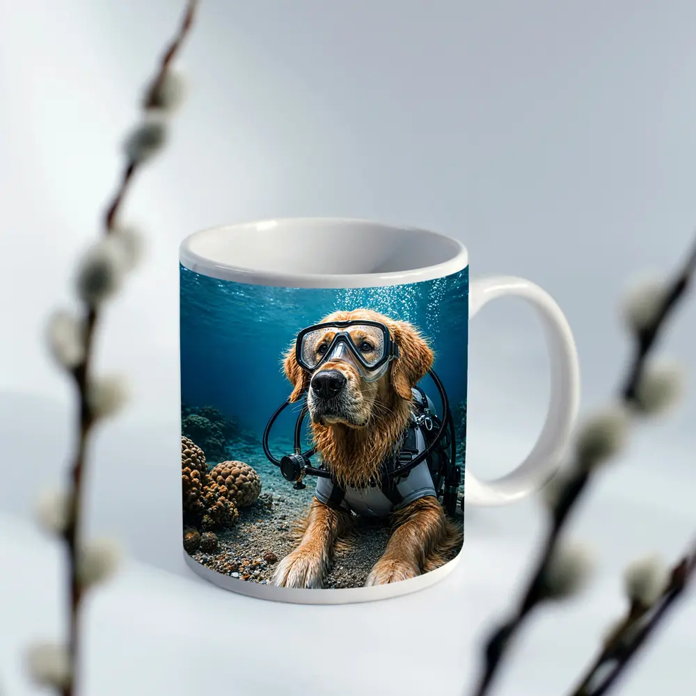 Golden Retriever Scuba Diver Underwater Coral Scene – Mugs