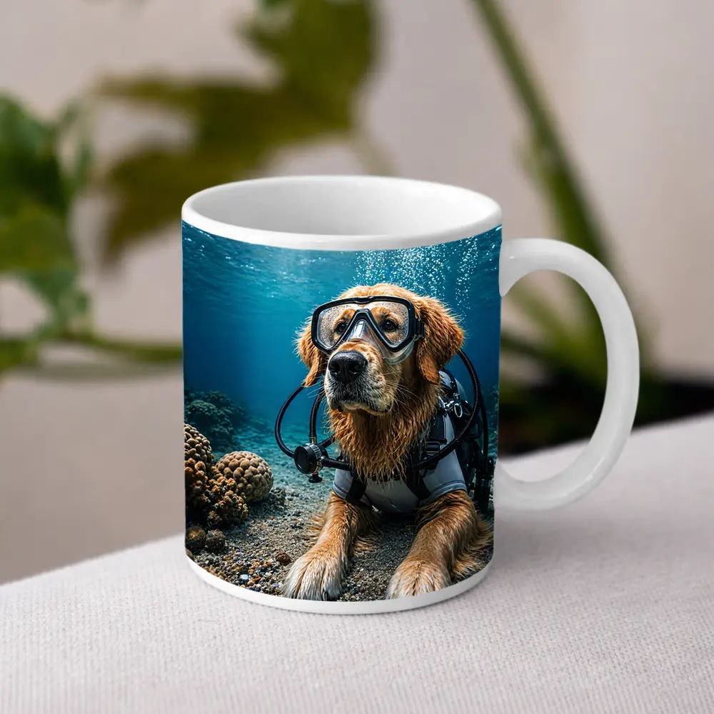 Golden Retriever Scuba Diver Underwater Coral Scene – Mugs