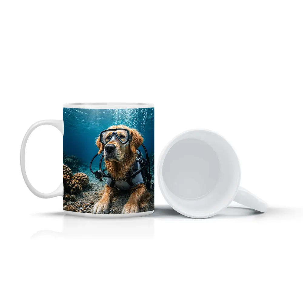 Golden Retriever Scuba Diver Underwater Coral Scene – Mugs