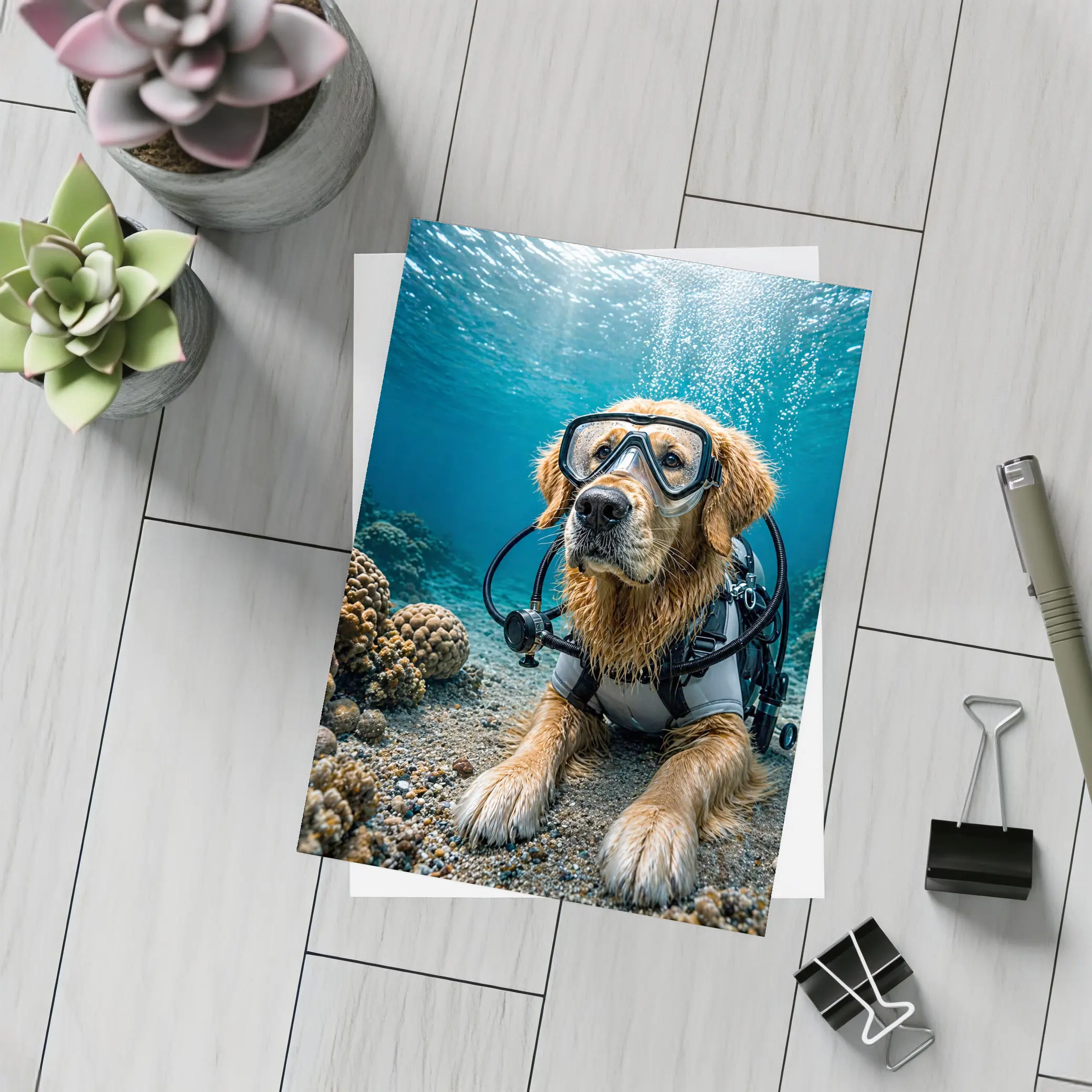 Golden Retriever Scuba Diver Underwater Coral Scene – Postcards