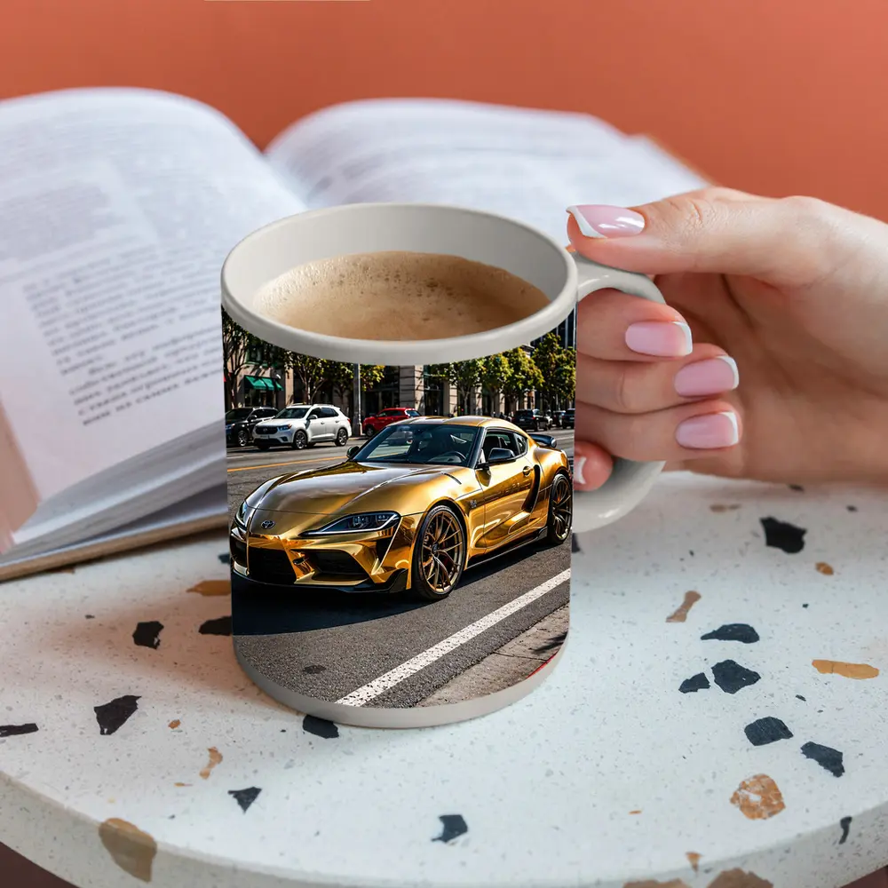 Gold Toyota Supra City Street Urban Setting – Mugs