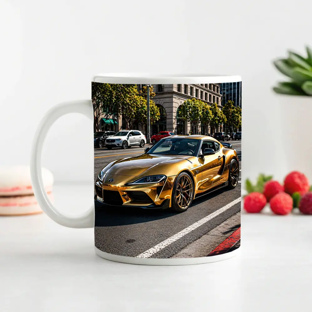 Gold Toyota Supra City Street Urban Setting – Mugs