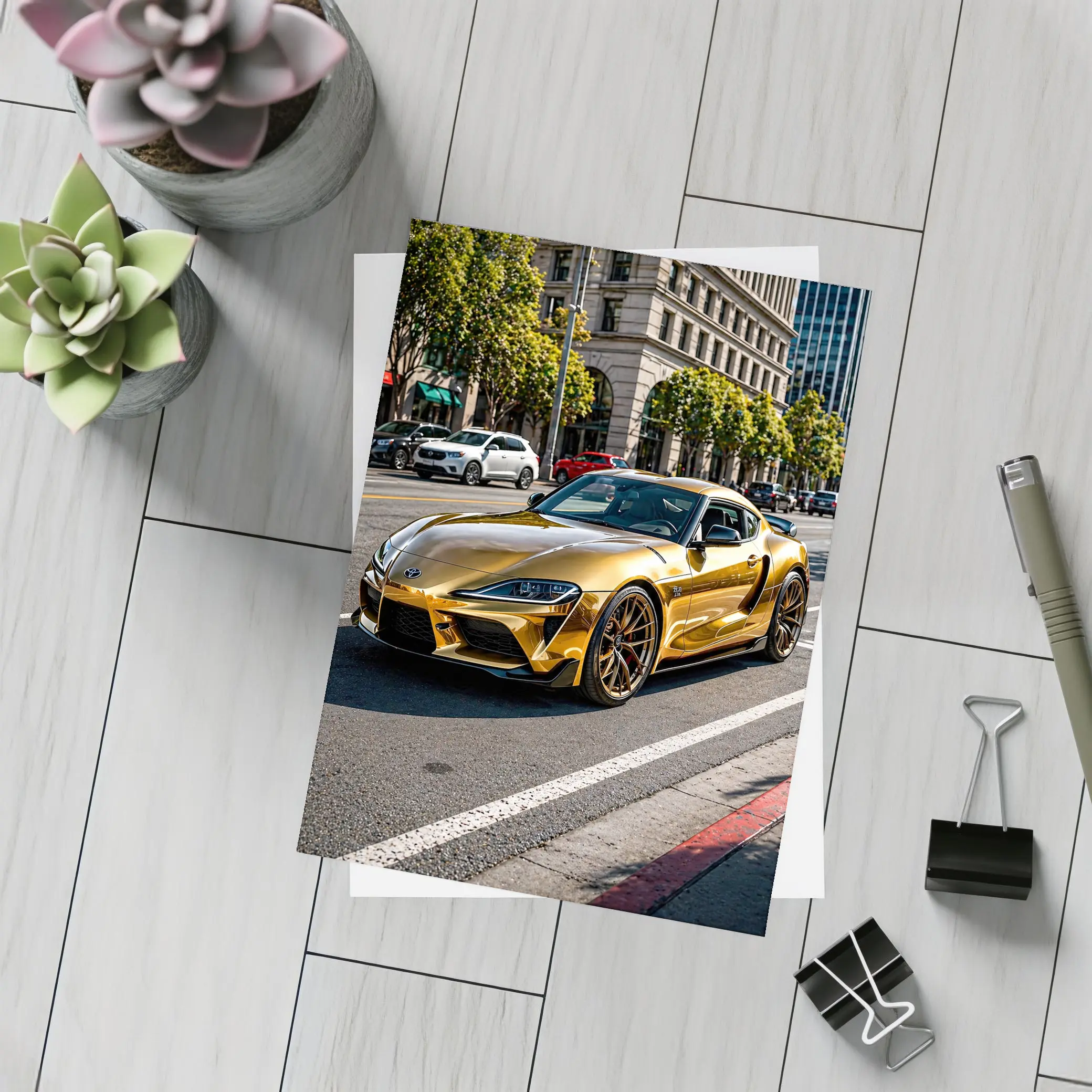 Gold Toyota Supra City Street Urban Setting – Postcards