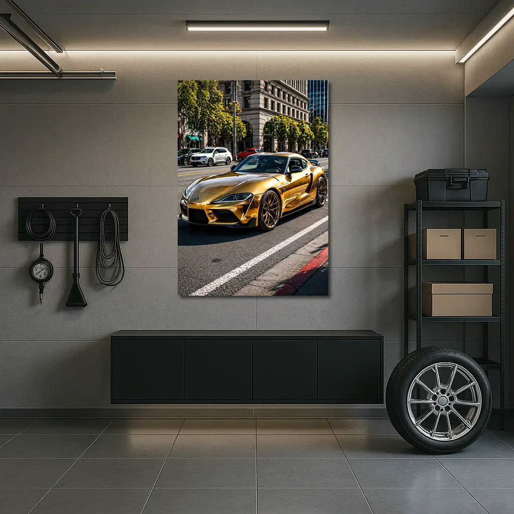 Gold Toyota Supra City Street Urban Setting – Wall Art