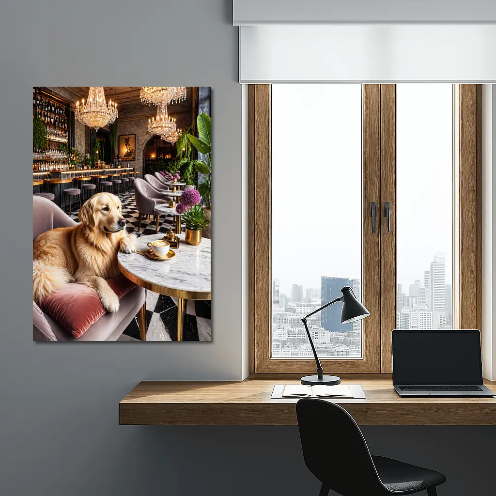 Golden Retriever Relaxing in Luxury Cafe – Wall Art