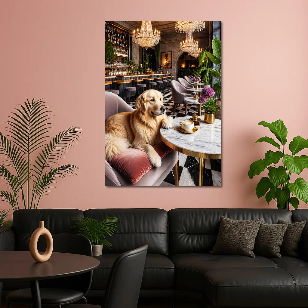 Golden Retriever Relaxing in Luxury Cafe – Wall Art
