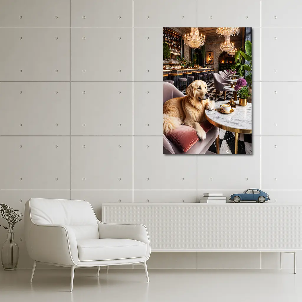 Golden Retriever Relaxing in Luxury Cafe – Wall Art