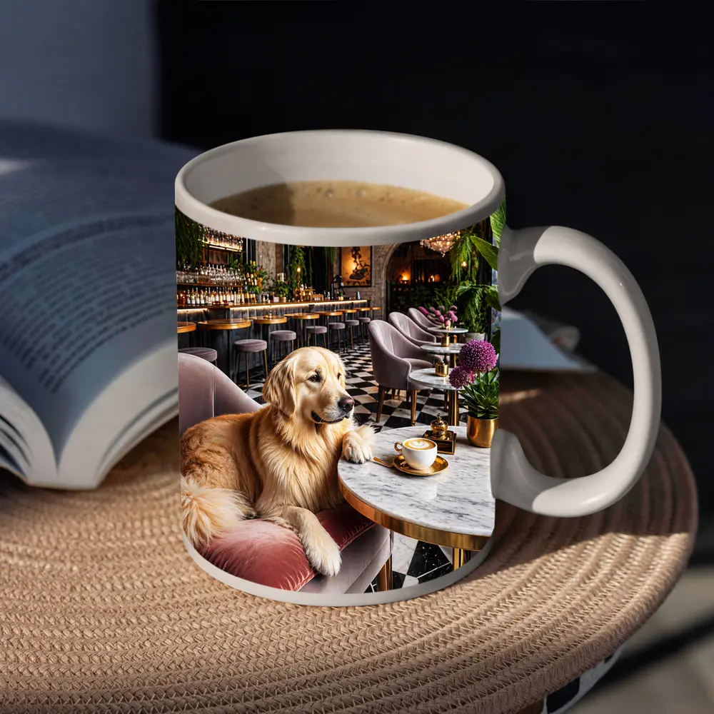 Golden Retriever Relaxing in Luxury Cafe – Mugs