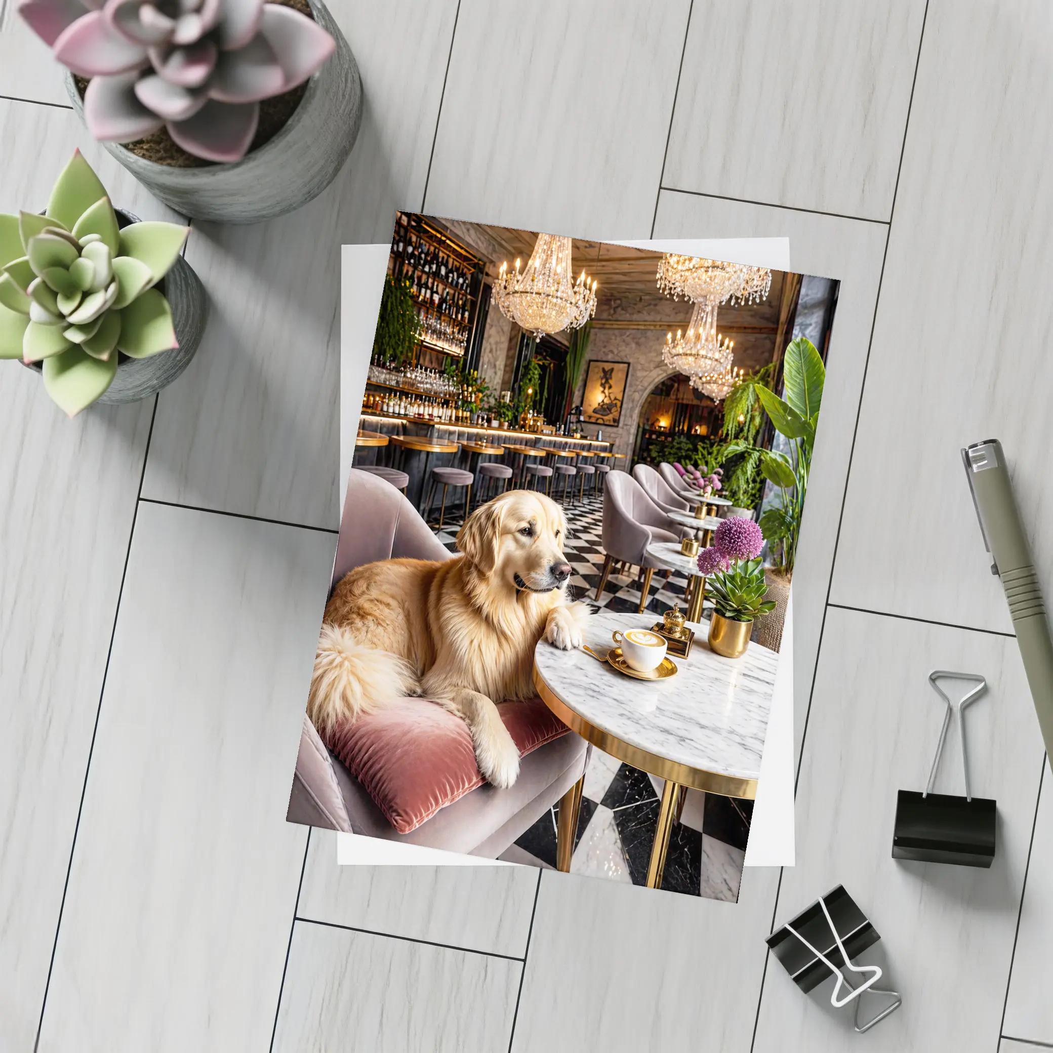 Golden Retriever Relaxing in Luxury Cafe – Postcards