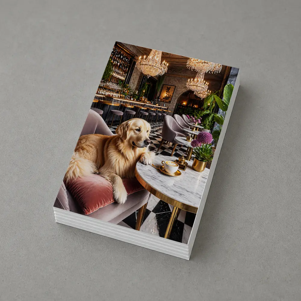 Golden Retriever Relaxing in Luxury Cafe – Postcards