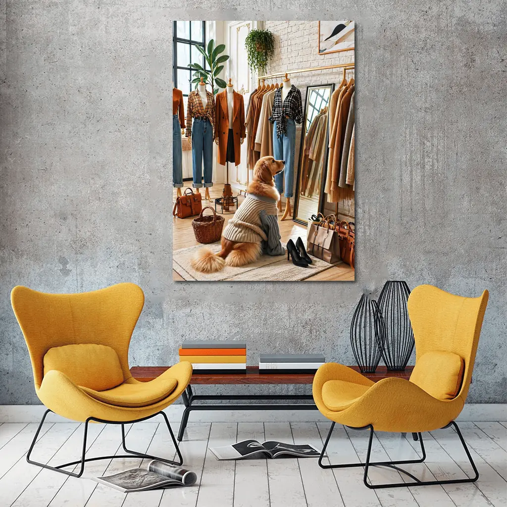 Golden Retriever Dog in Fashion Boutique – Wall Art