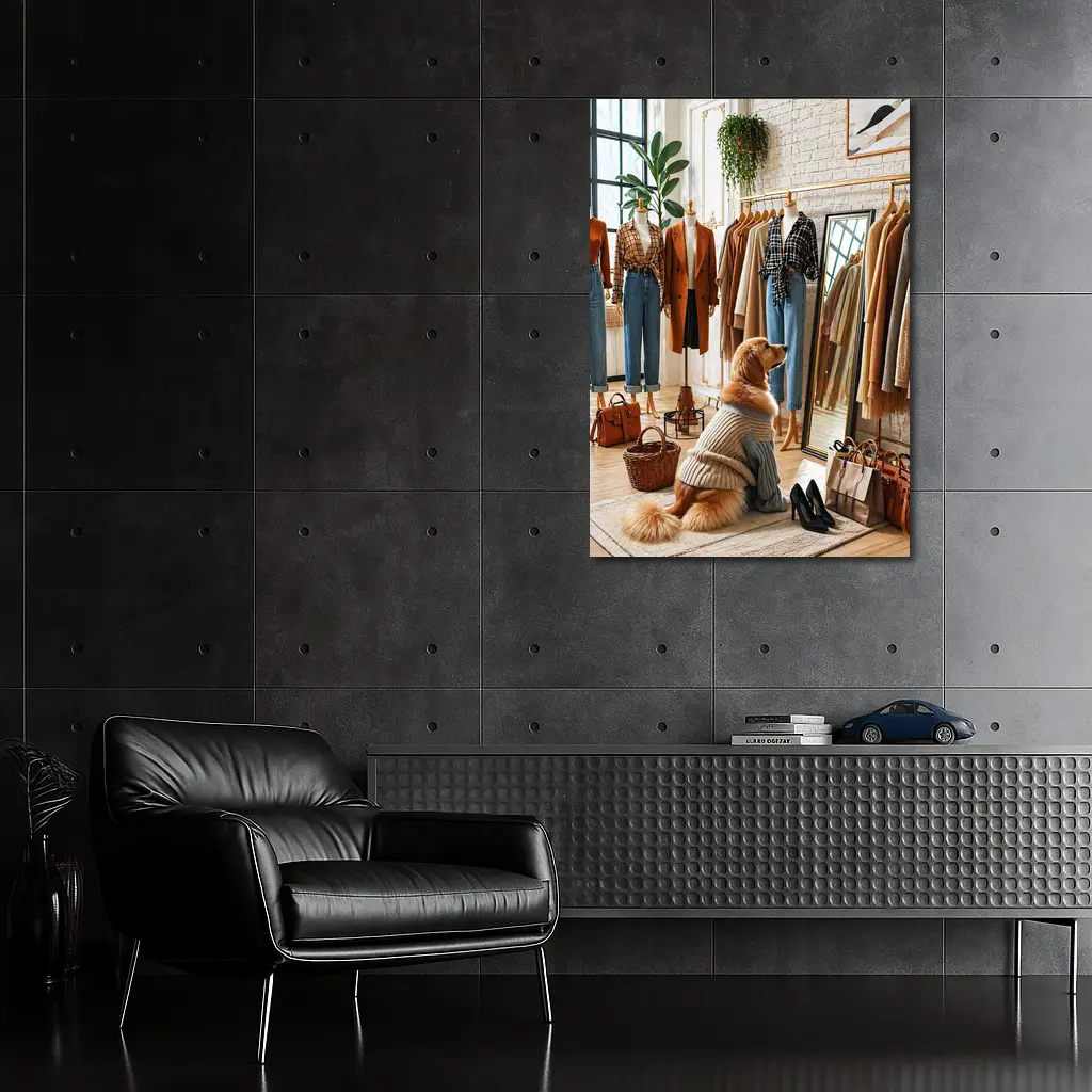 Golden Retriever Dog in Fashion Boutique – Wall Art
