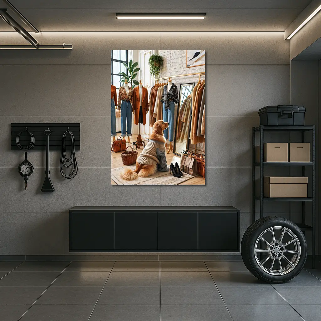 Golden Retriever Dog in Fashion Boutique – Wall Art