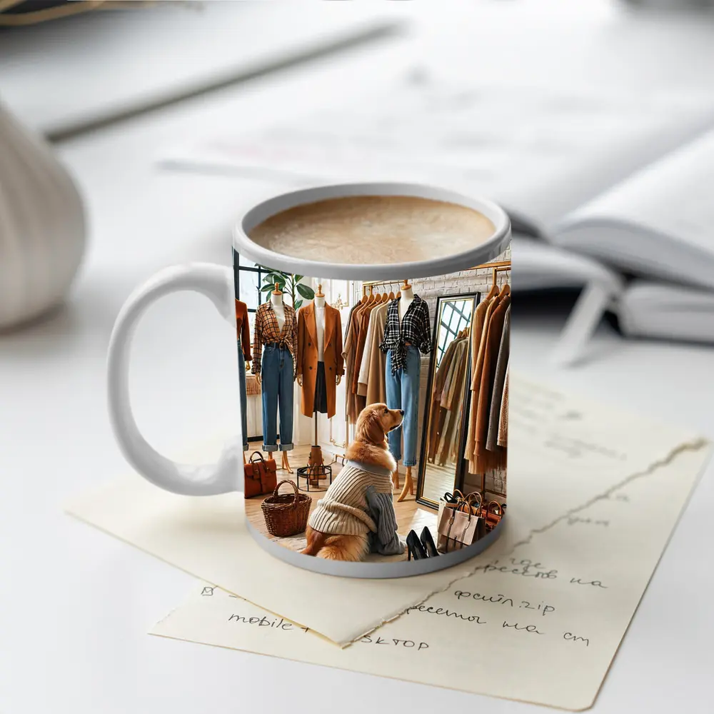 Golden Retriever Dog in Fashion Boutique – Mugs