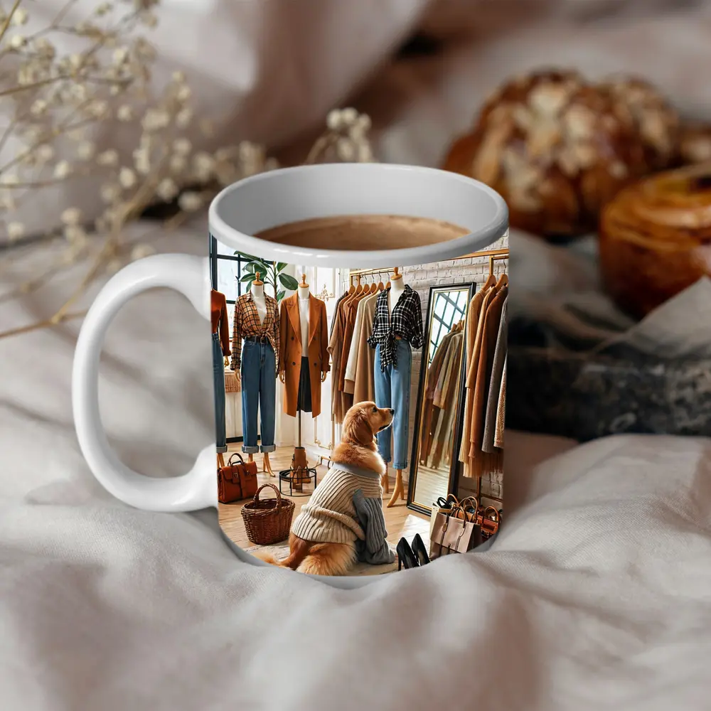 Golden Retriever Dog in Fashion Boutique – Mugs