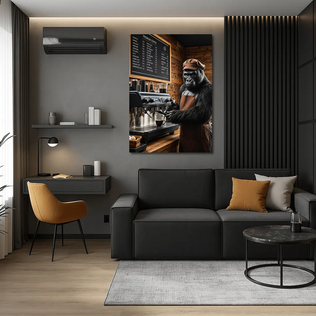 Gorilla Barista Making Coffee In Cafe – Wall Art