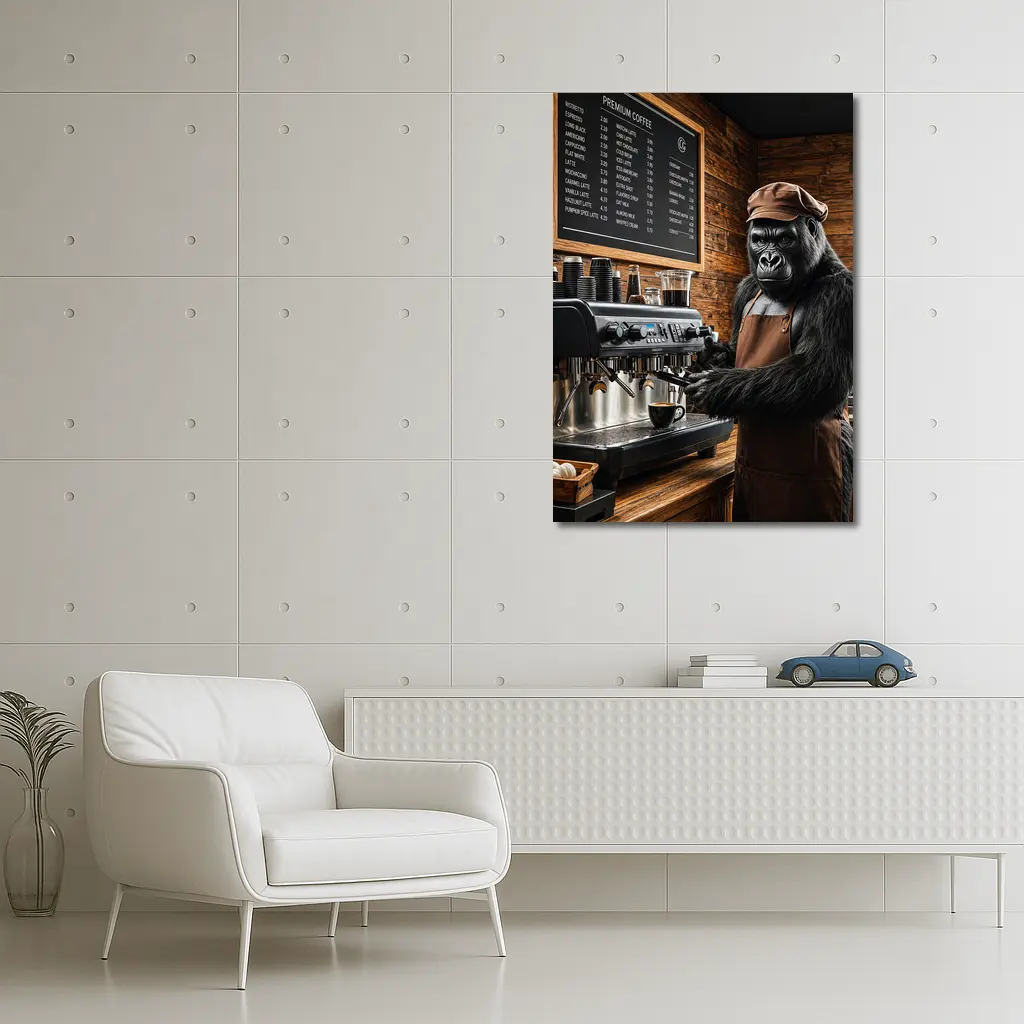 Gorilla Barista Making Coffee In Cafe – Wall Art
