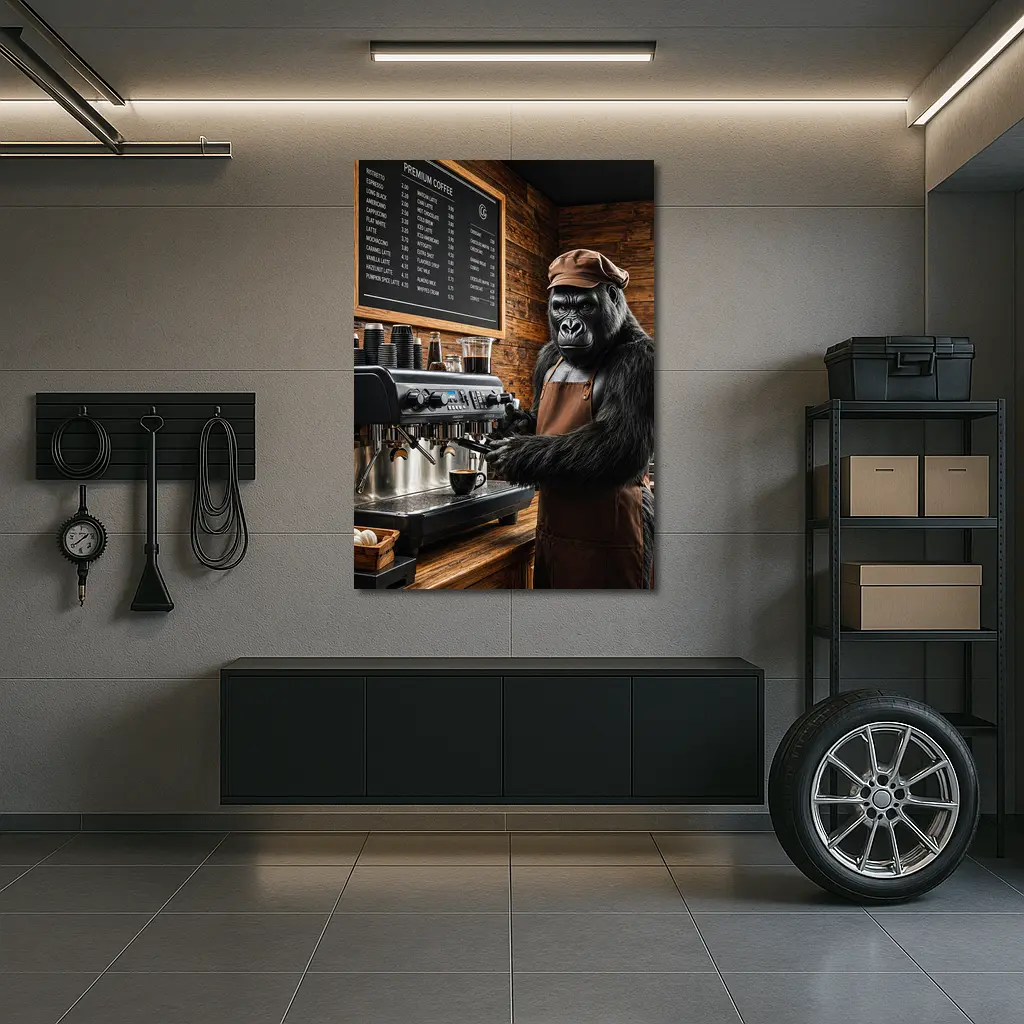 Gorilla Barista Making Coffee In Cafe – Wall Art