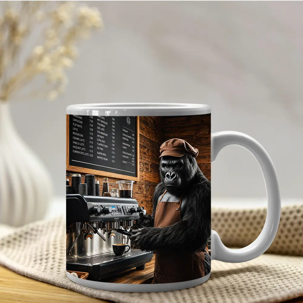 Gorilla Barista Making Coffee In Cafe – Mugs