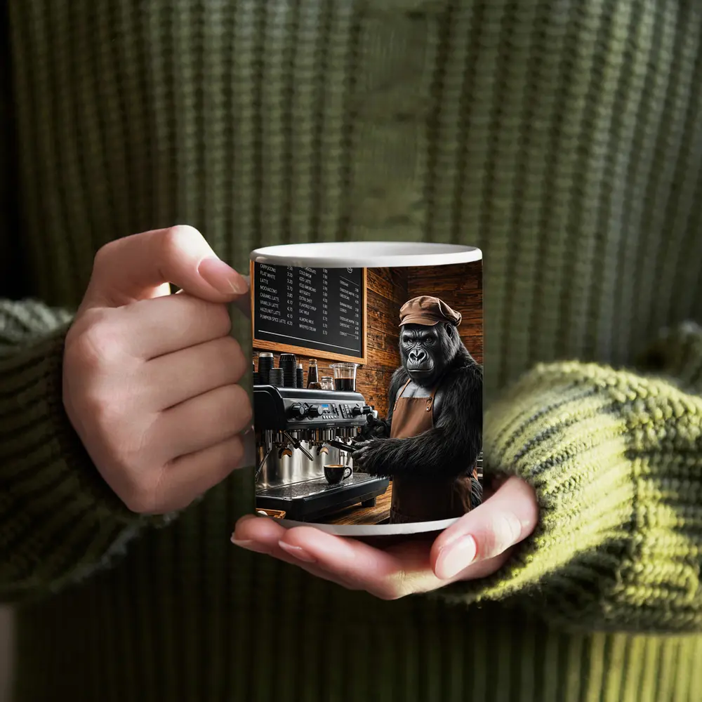 Gorilla Barista Making Coffee In Cafe – Mugs