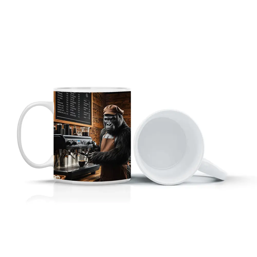 Gorilla Barista Making Coffee In Cafe – Mugs