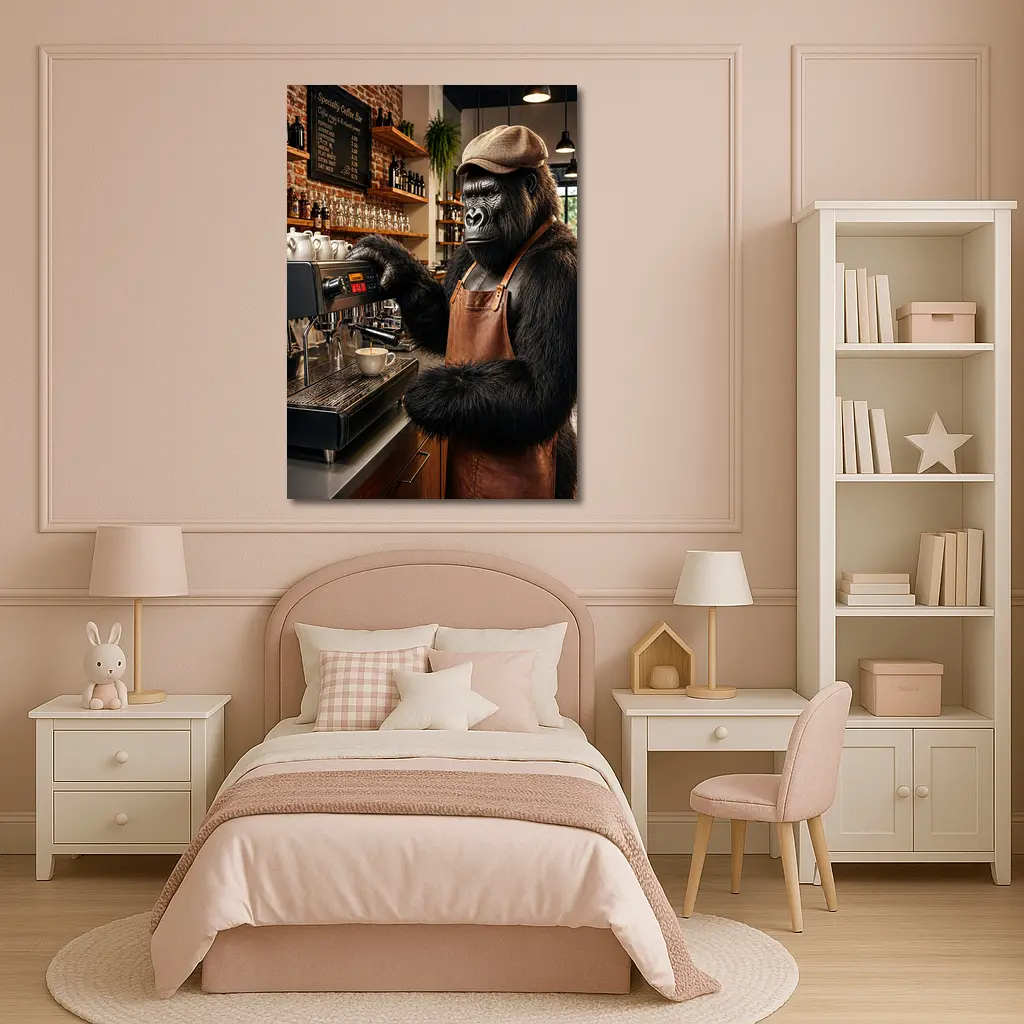Gorilla Barista Making Espresso Coffee Shop – Wall Art