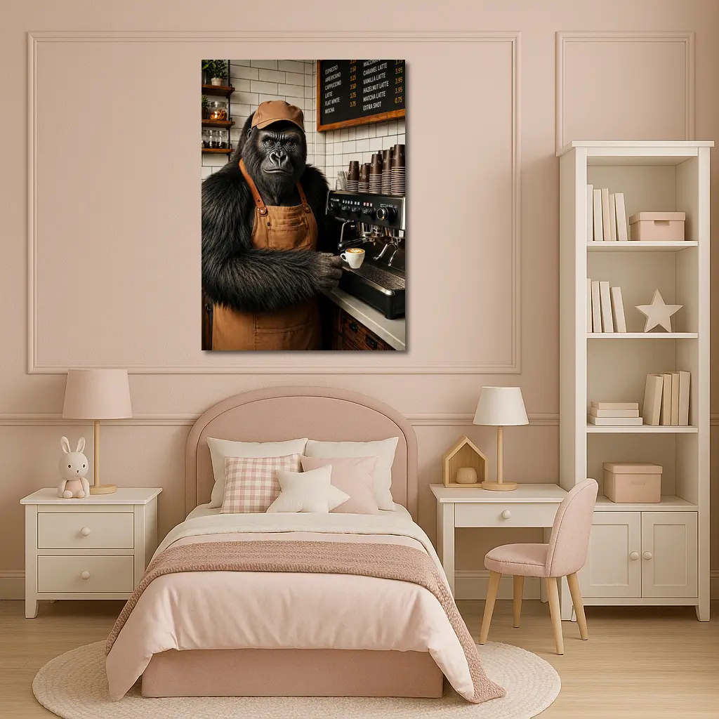 Gorilla Barista Serving Espresso In Cafe – Wall Art