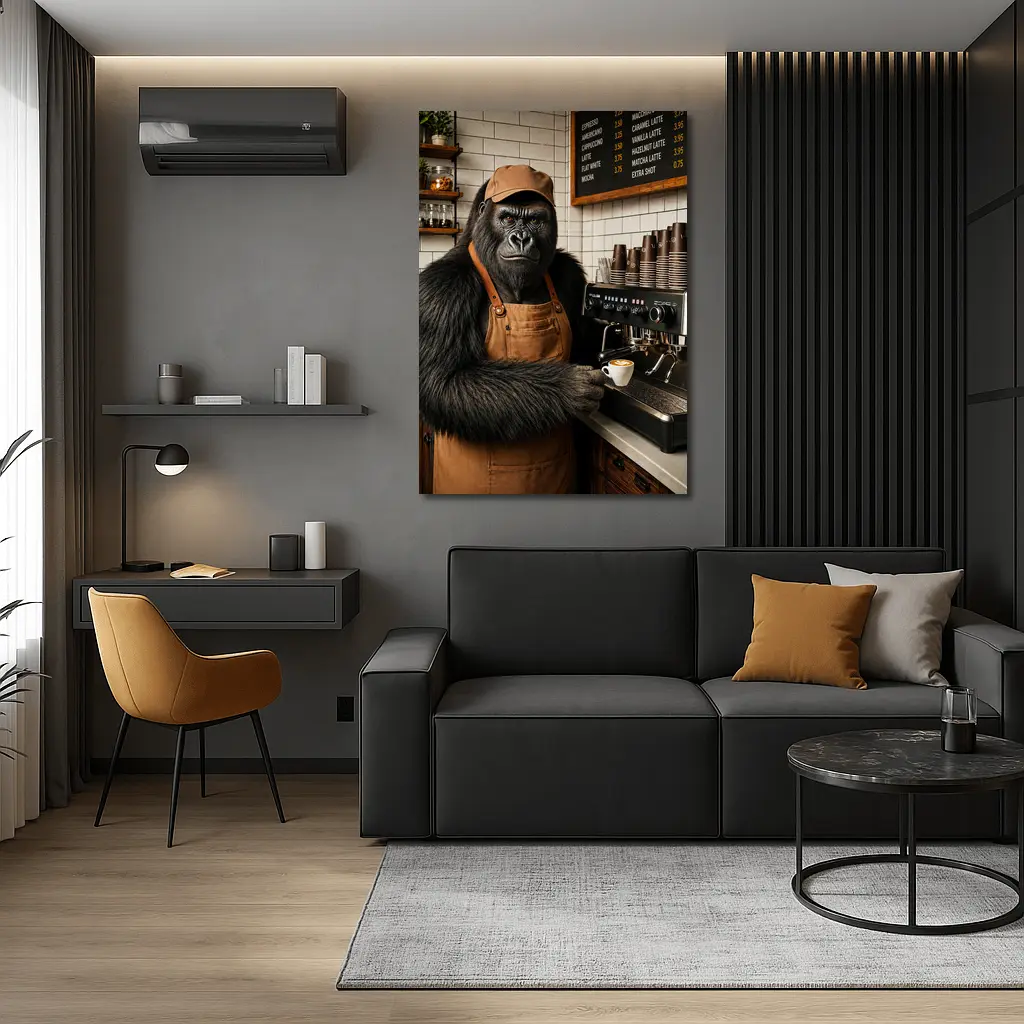 Gorilla Barista Serving Espresso In Cafe – Wall Art
